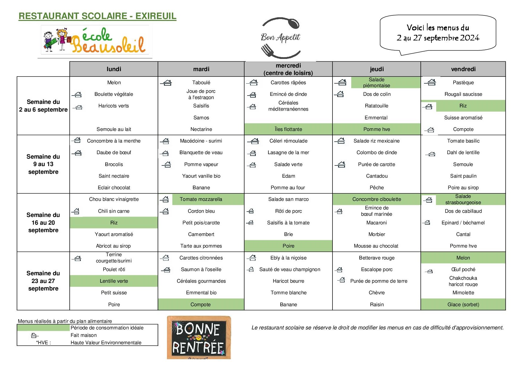 Menus cantine scolaire - Septembre 2024