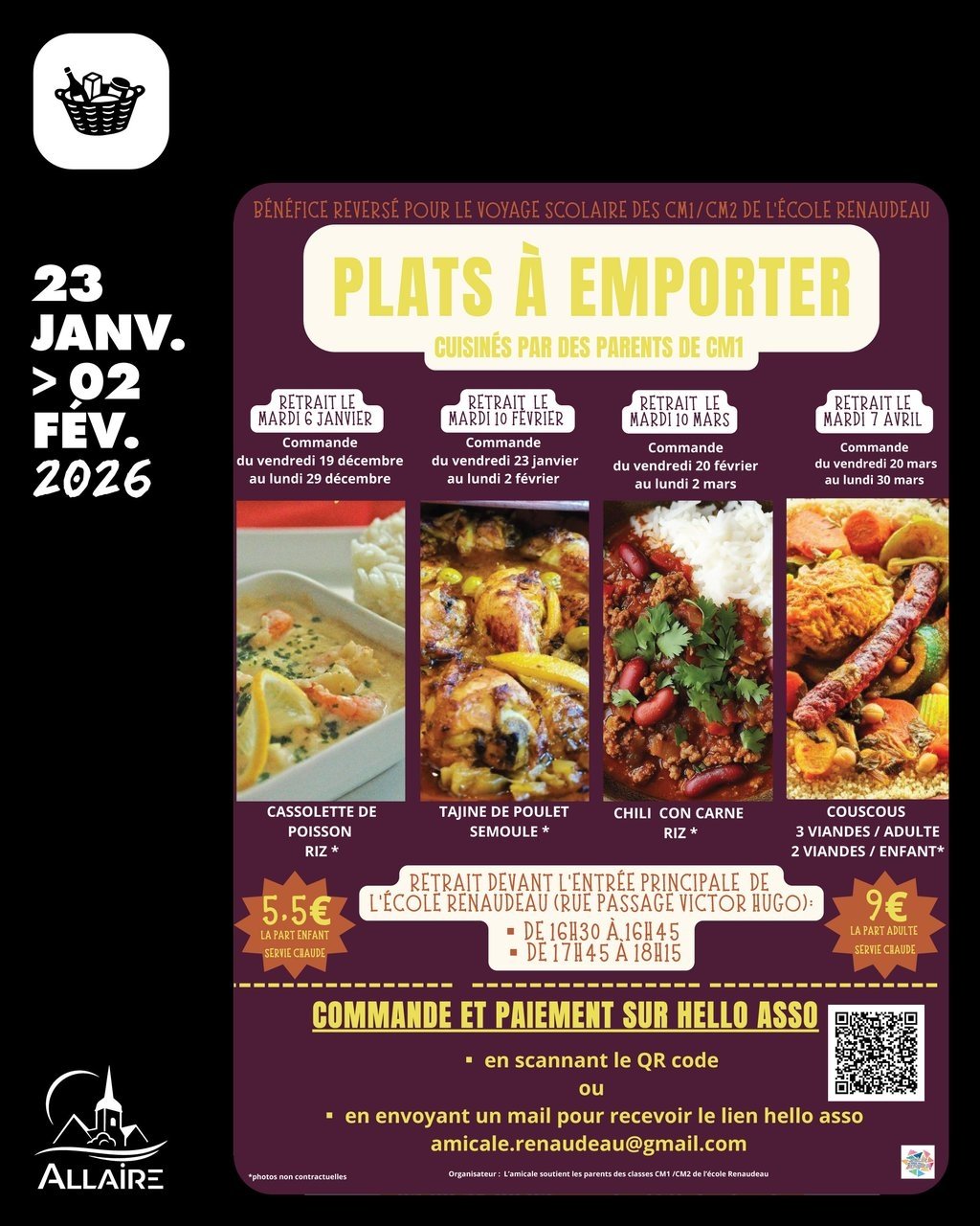 Vente de plats à emporter · Tajine de poulet et semoule