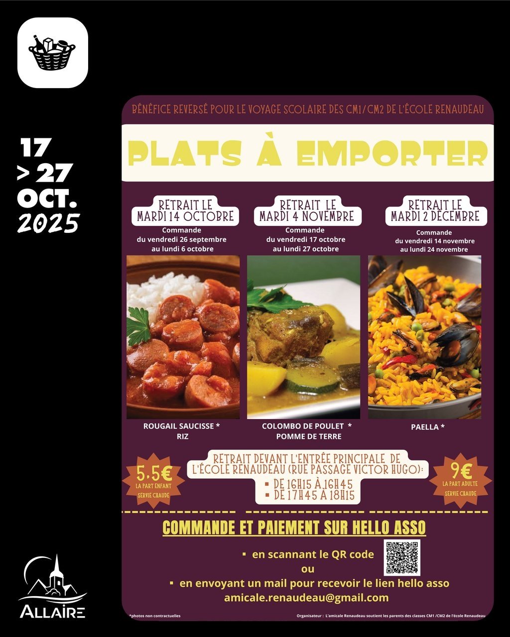 Vente de plats à emporter · Colombo de poulet & pdt