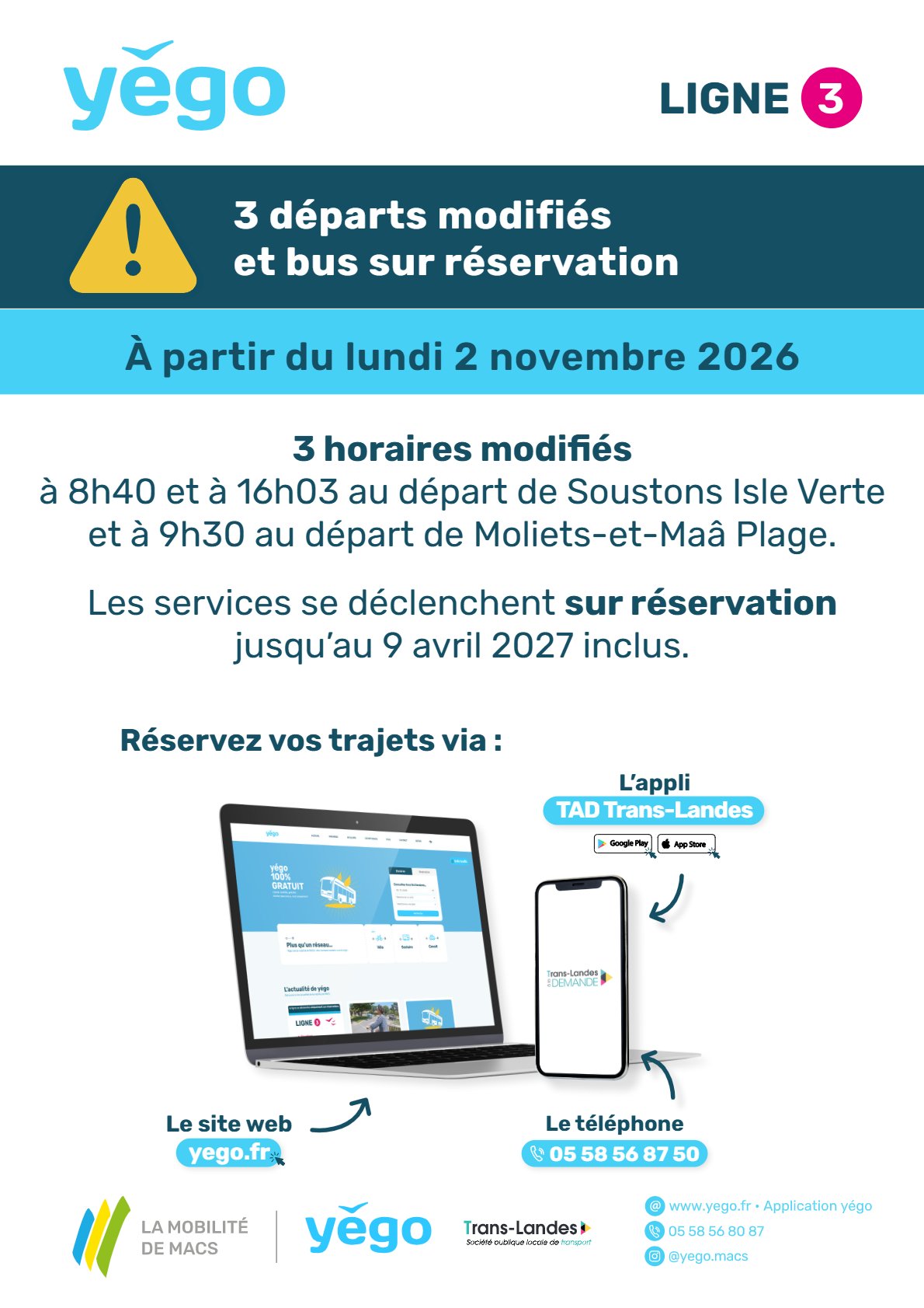 TRANSPORT YÉGO : HORAIRES MODIFIES ET BUS SUR RESERVATION