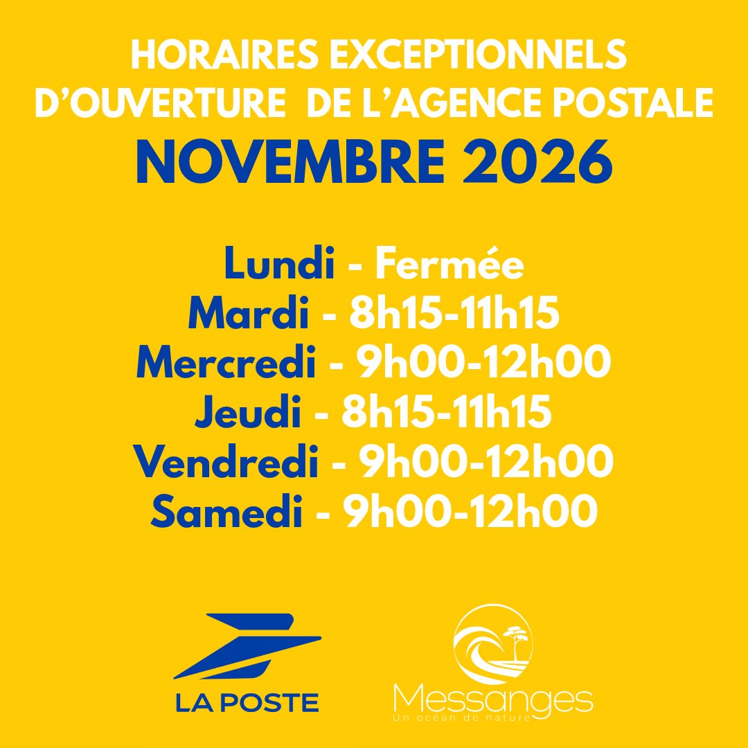 AGENCE POSTALE DE MESSANGES : HORAIRES EXCEPTIONNELS EN NOVEMBRE