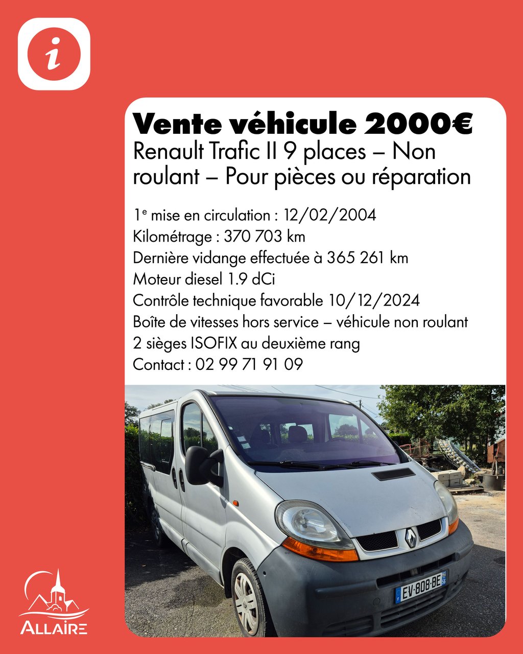 Vente Renault Trafic non roulant pour pièces ou réparation