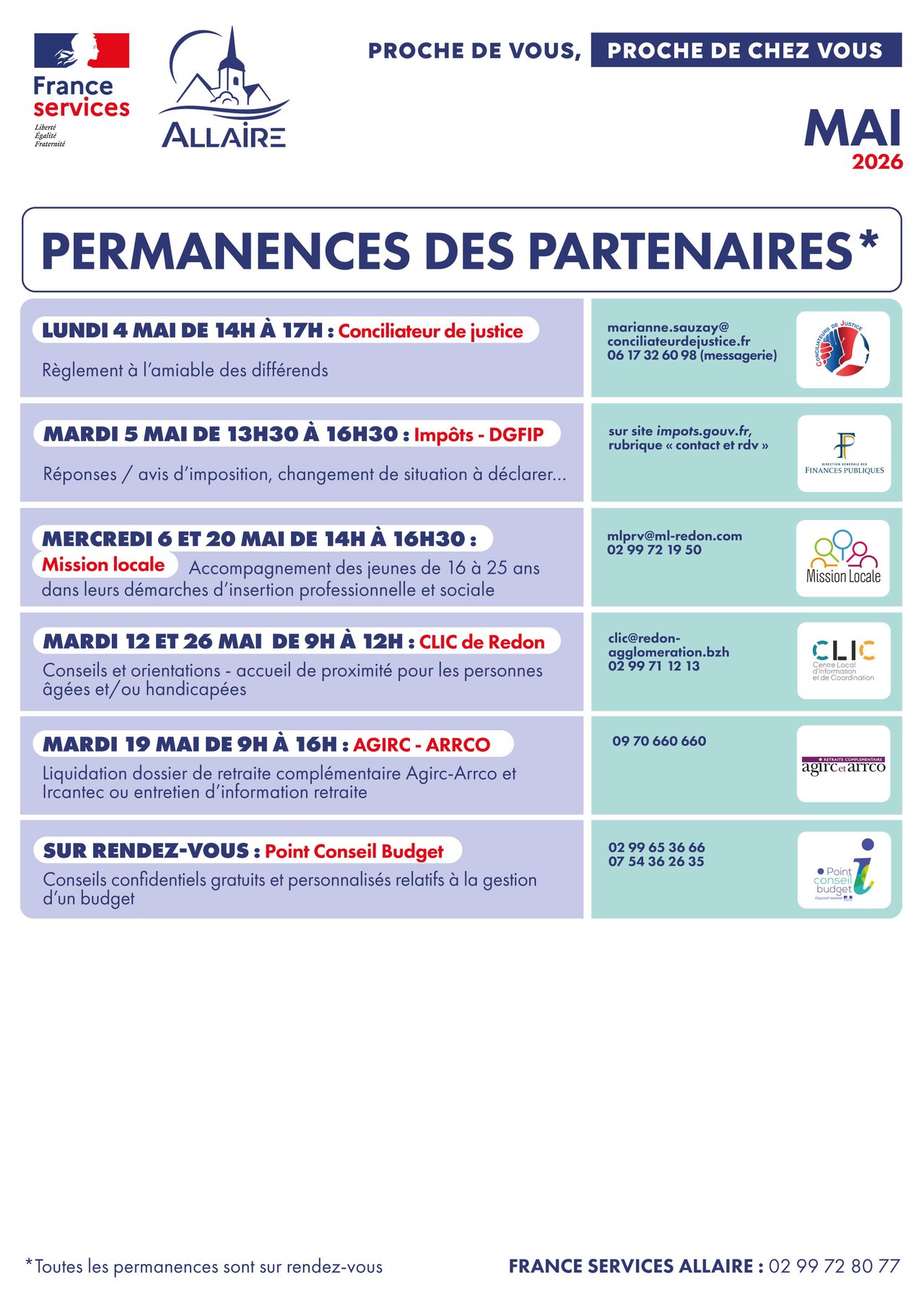 Mai 2026 : Planning des permanences des partenaires de la France Services