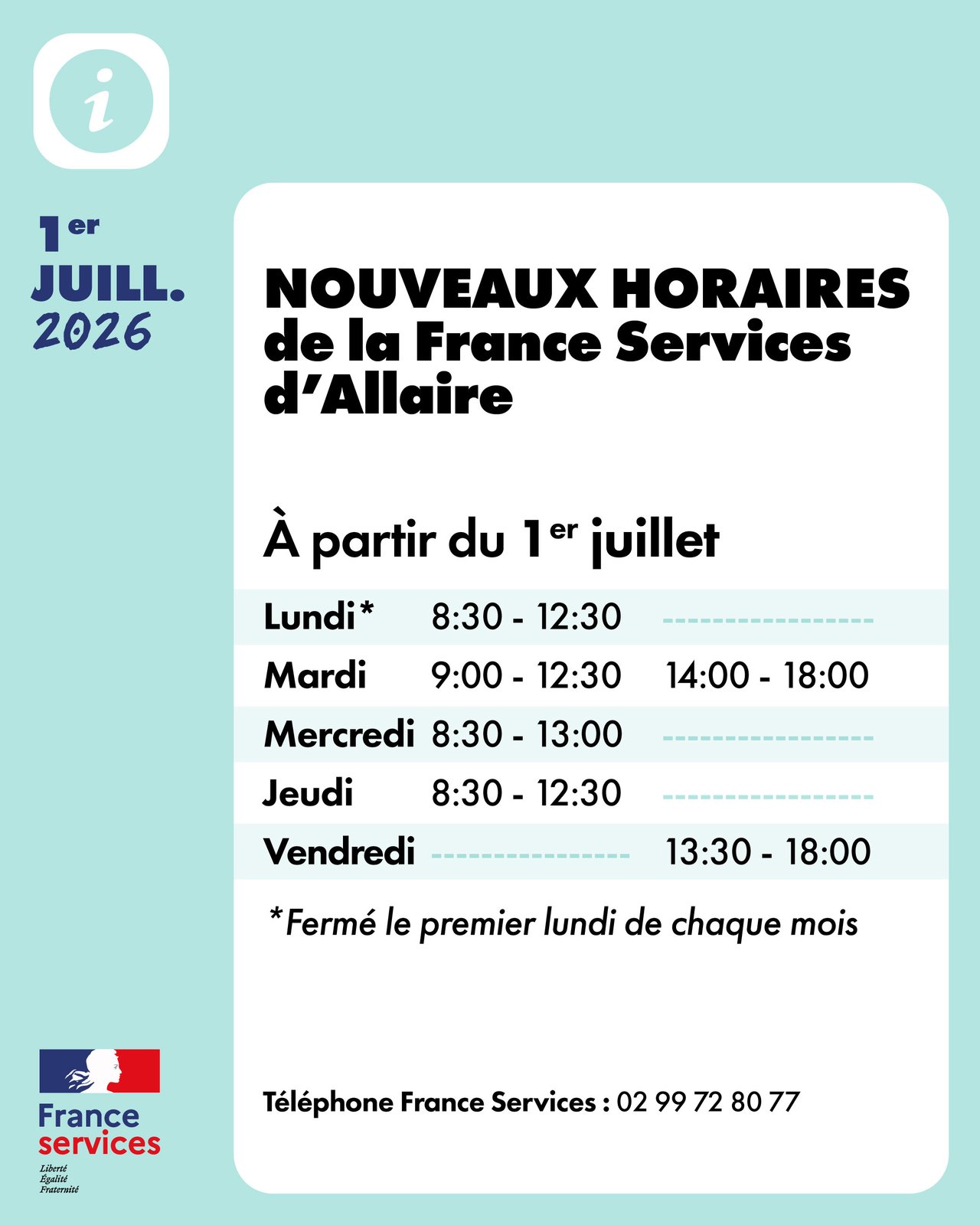 FRANCE SERVICES : changement d’horaires à partir du 1er juillet