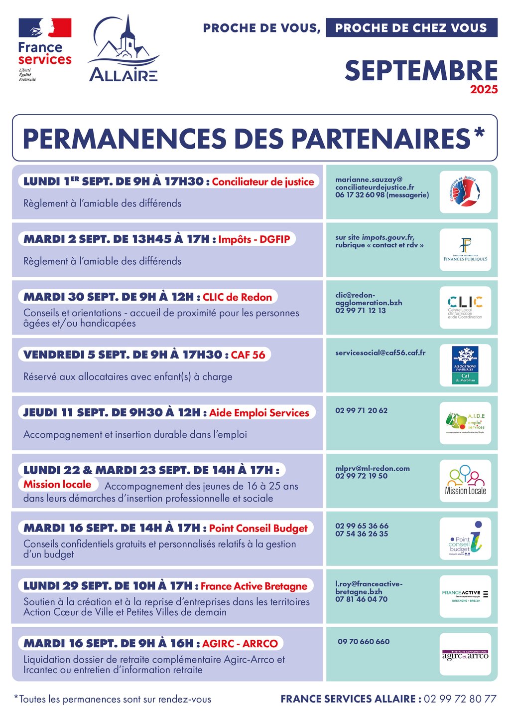 Septembre : Planning des permanences des partenaires de la France Services