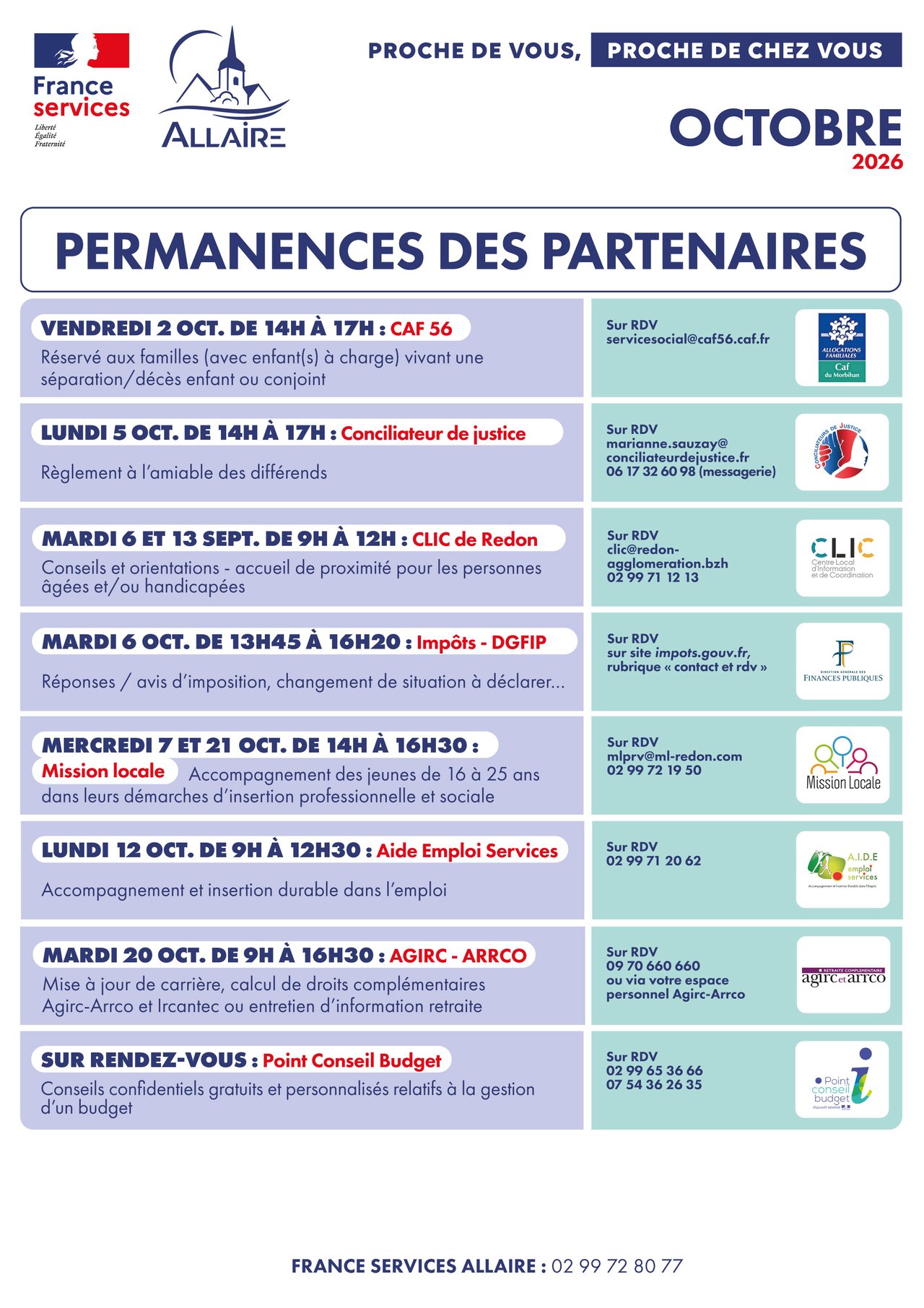 Octobre 2026 : Planning des permanences des partenaires de la France Services
