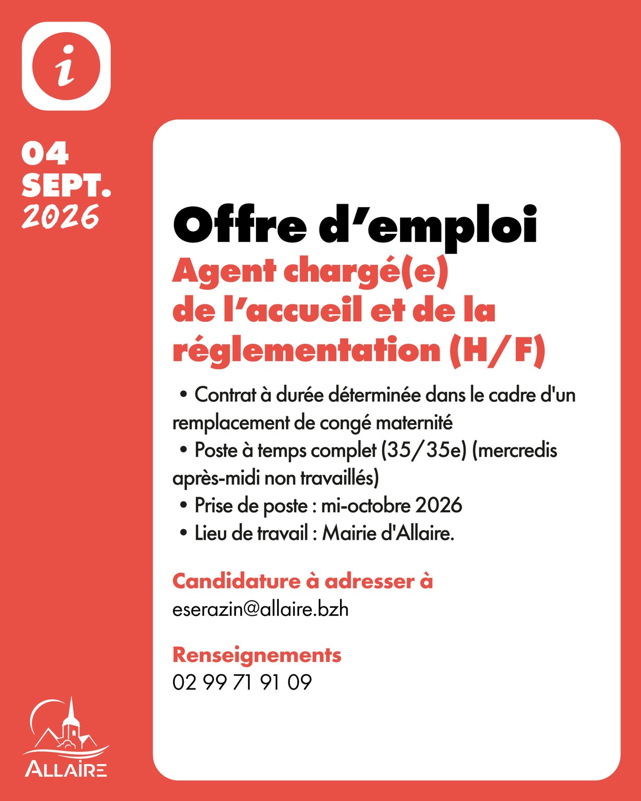 Offre d’emploi : Agent chargé(e) de l’accueil et de la réglementation (H/F)