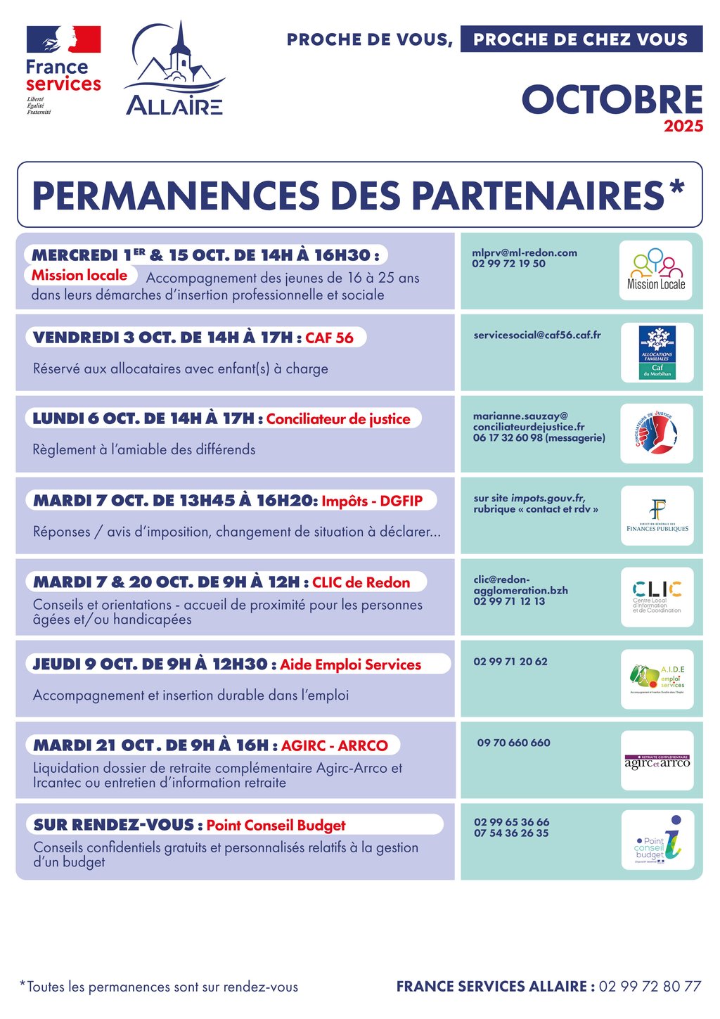 Octobre : Planning des permanences des partenaires de la France Services