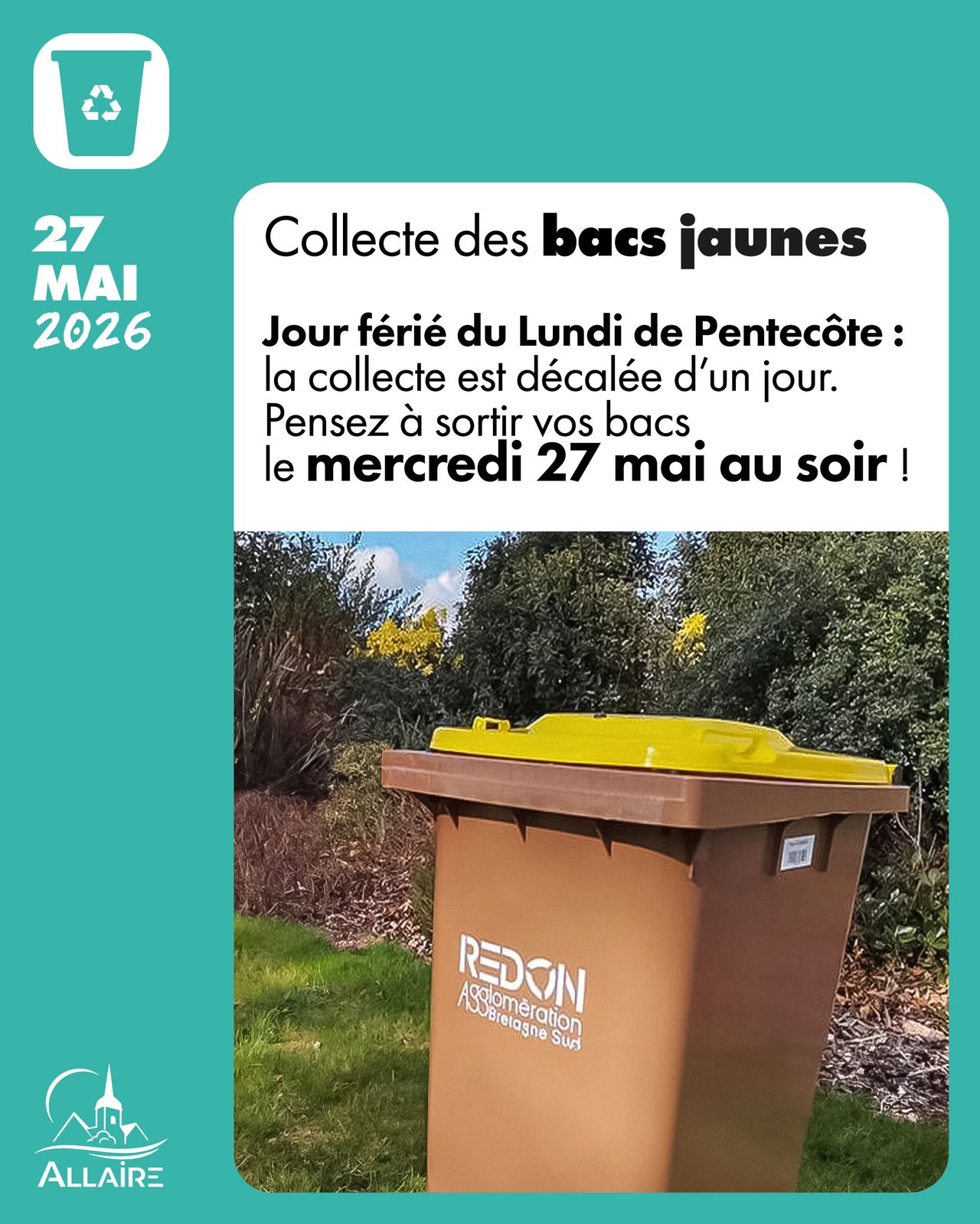 La collecte des EMBALLAGES décalée d’un jour la semaine prochaine