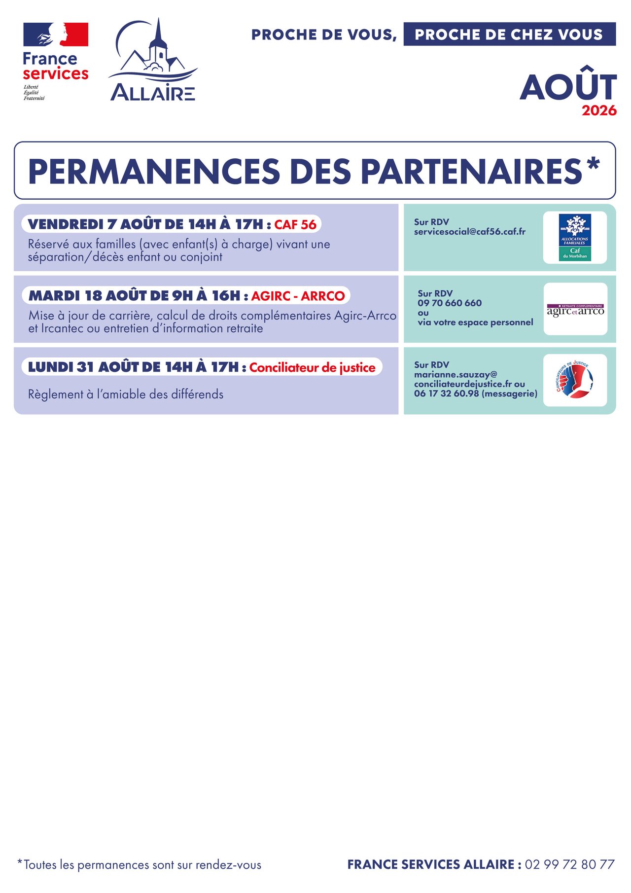 Août 2026 : Planning des permanences des partenaires de la France Services