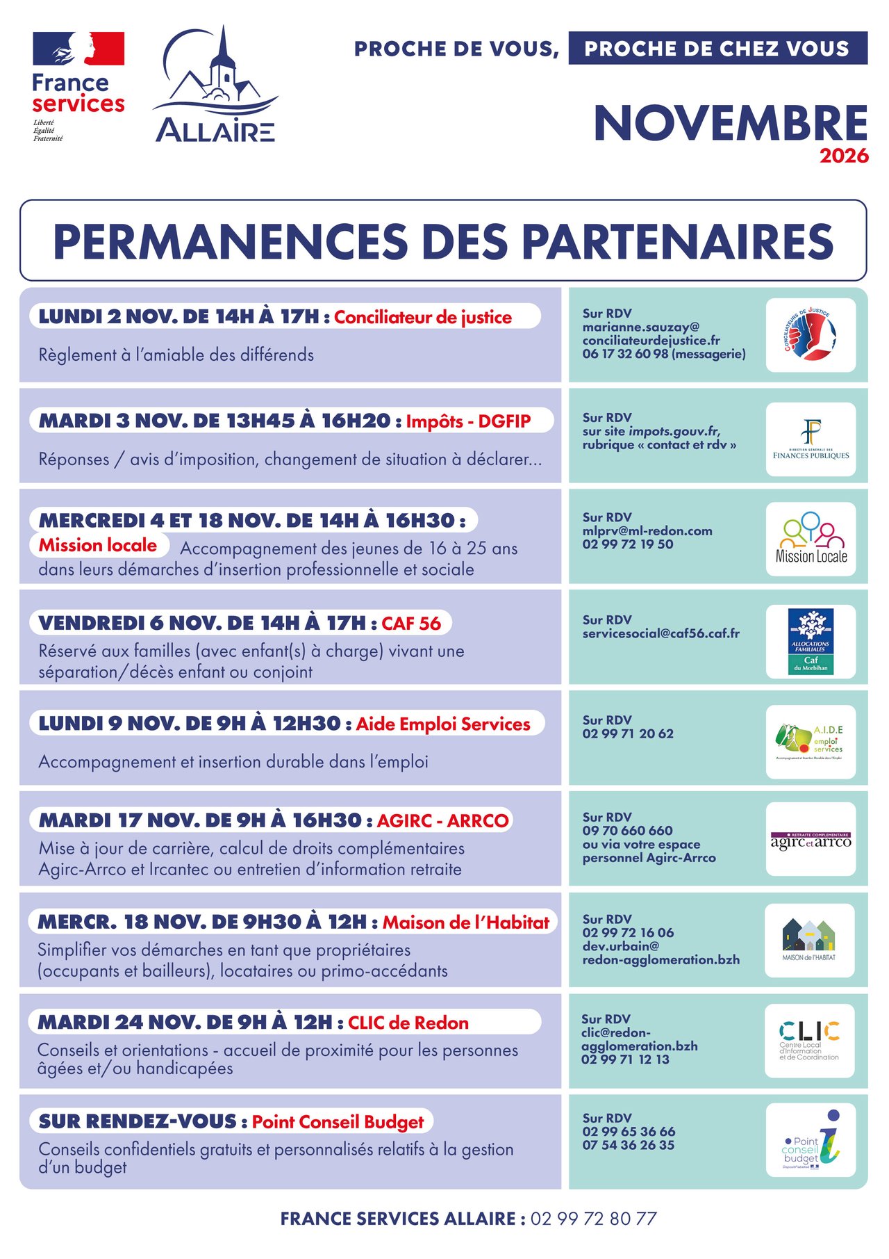 Novembre 2026 : Planning des permanences des partenaires de la France Services
