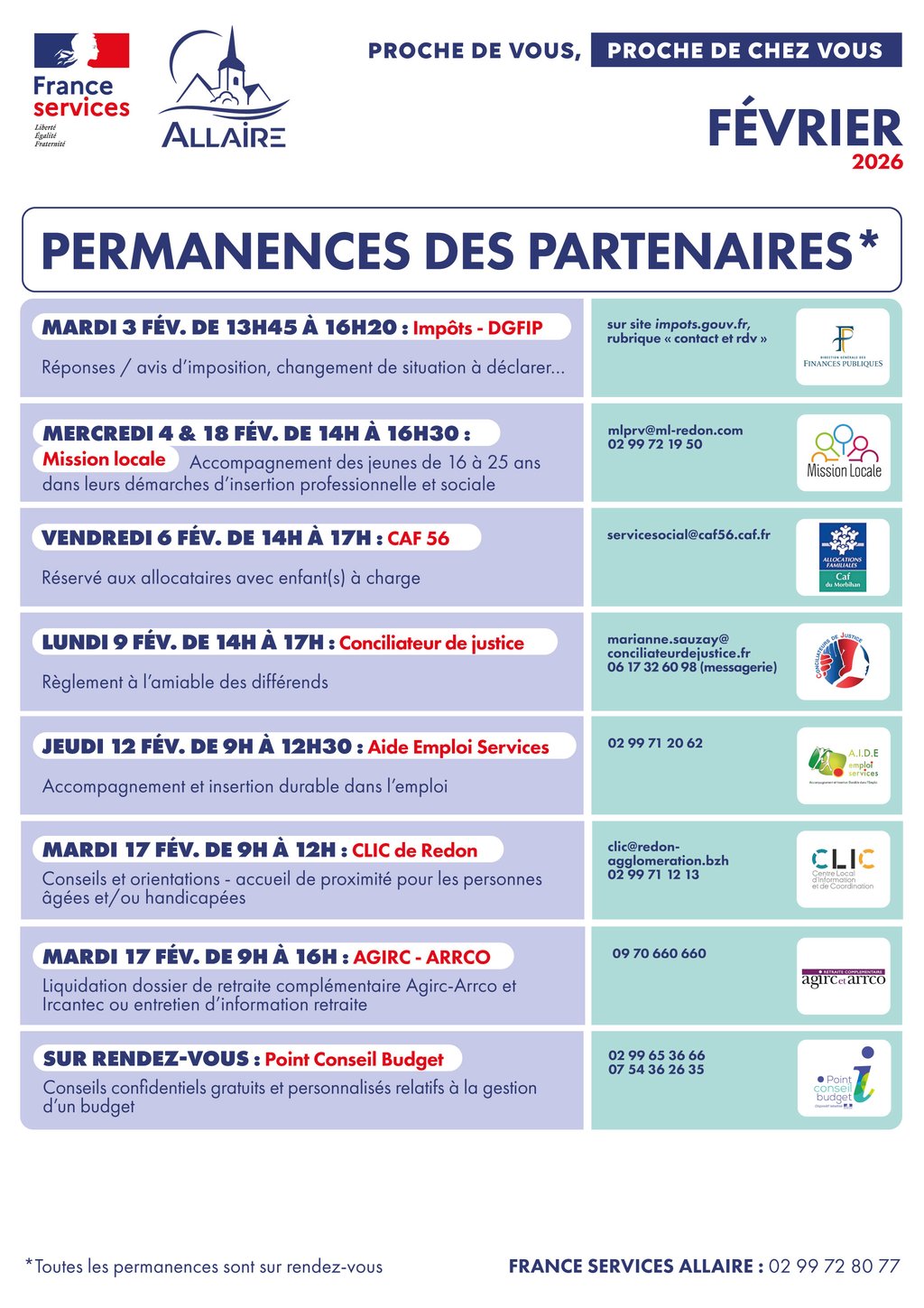 Février 2026 : Planning des permanences des partenaires de la France Services