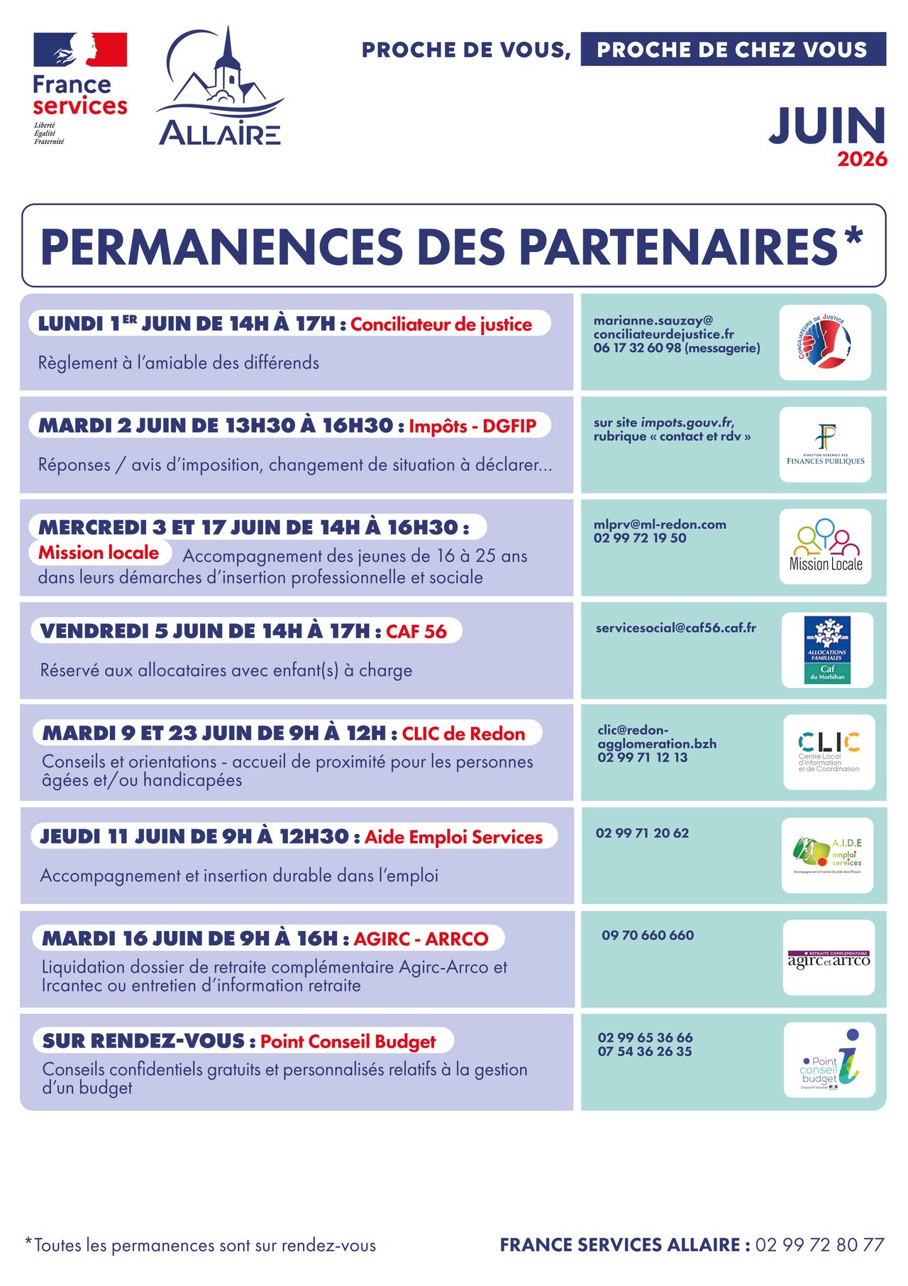 Juin 2026 : Planning des permanences des partenaires de la France Services