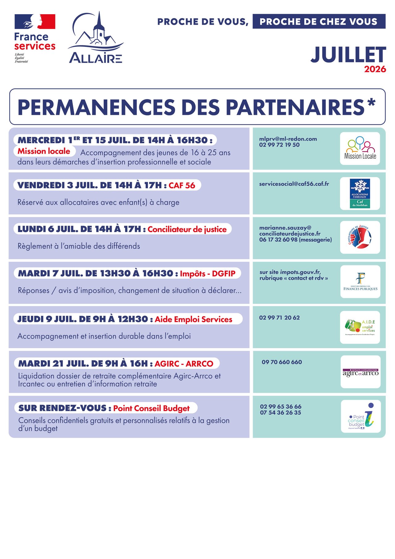 Juillet 2026 : Planning des permanences des partenaires de la France Services