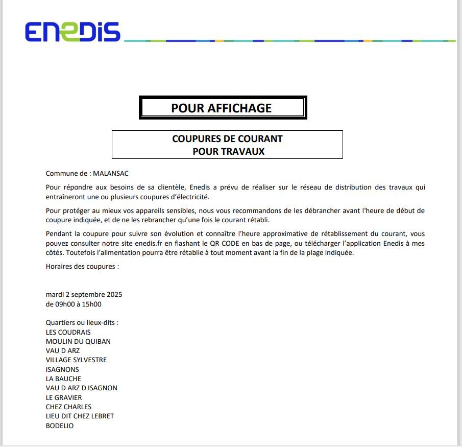 Coupures de courant – mardi 2 septembre 2025