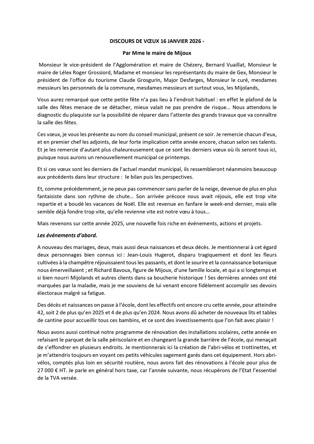 Discours de vœux - 16 janvier 2026