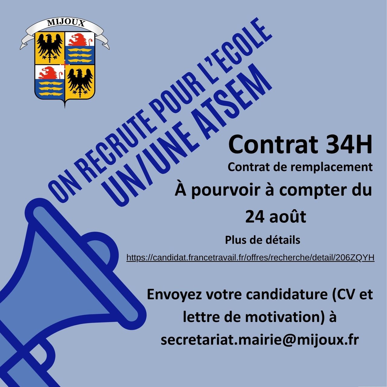 ‼️La commune de Mijoux recrute un/une ATSEM‼️