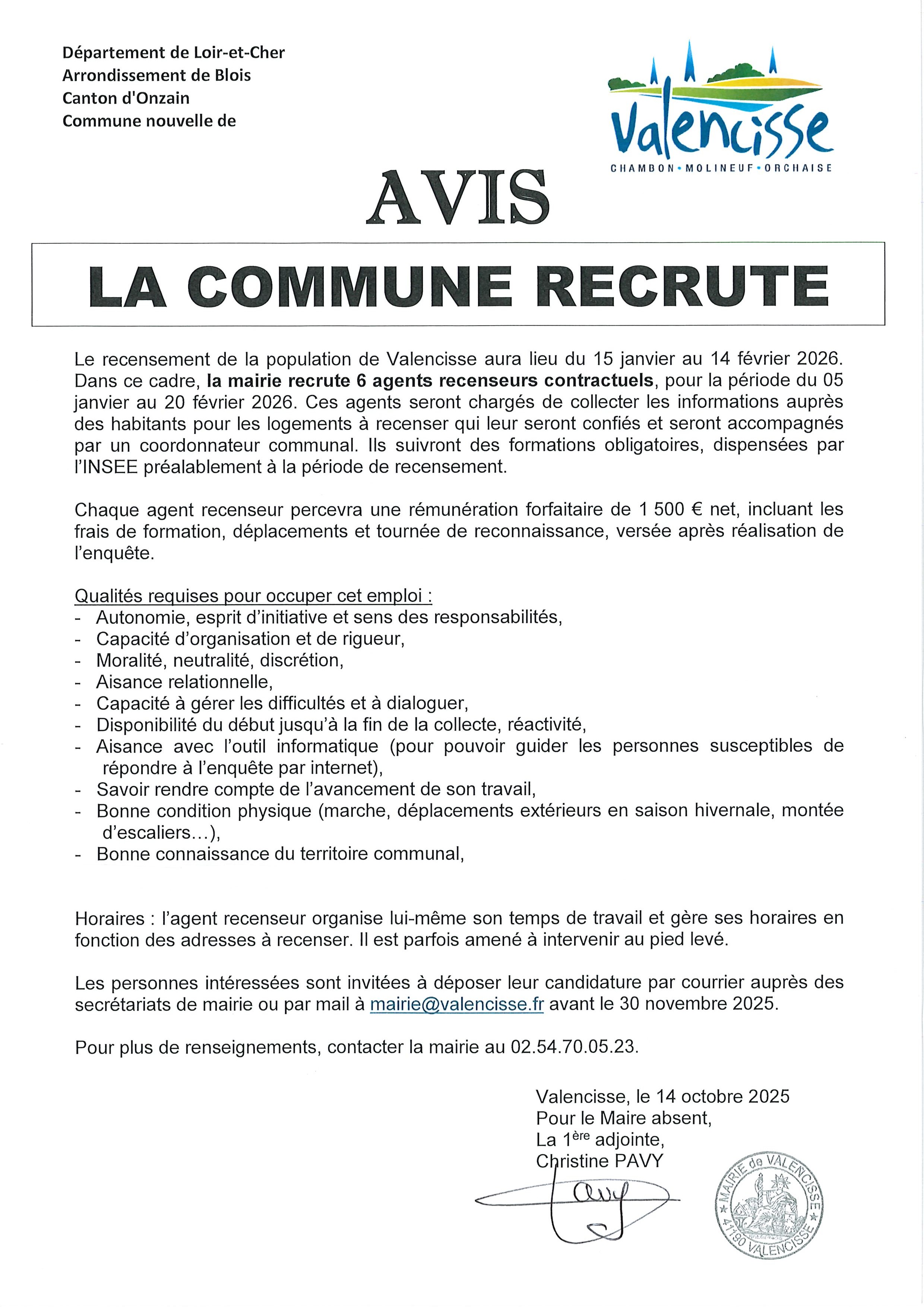 AVIS projet recrutement agents recenseurs 2026
