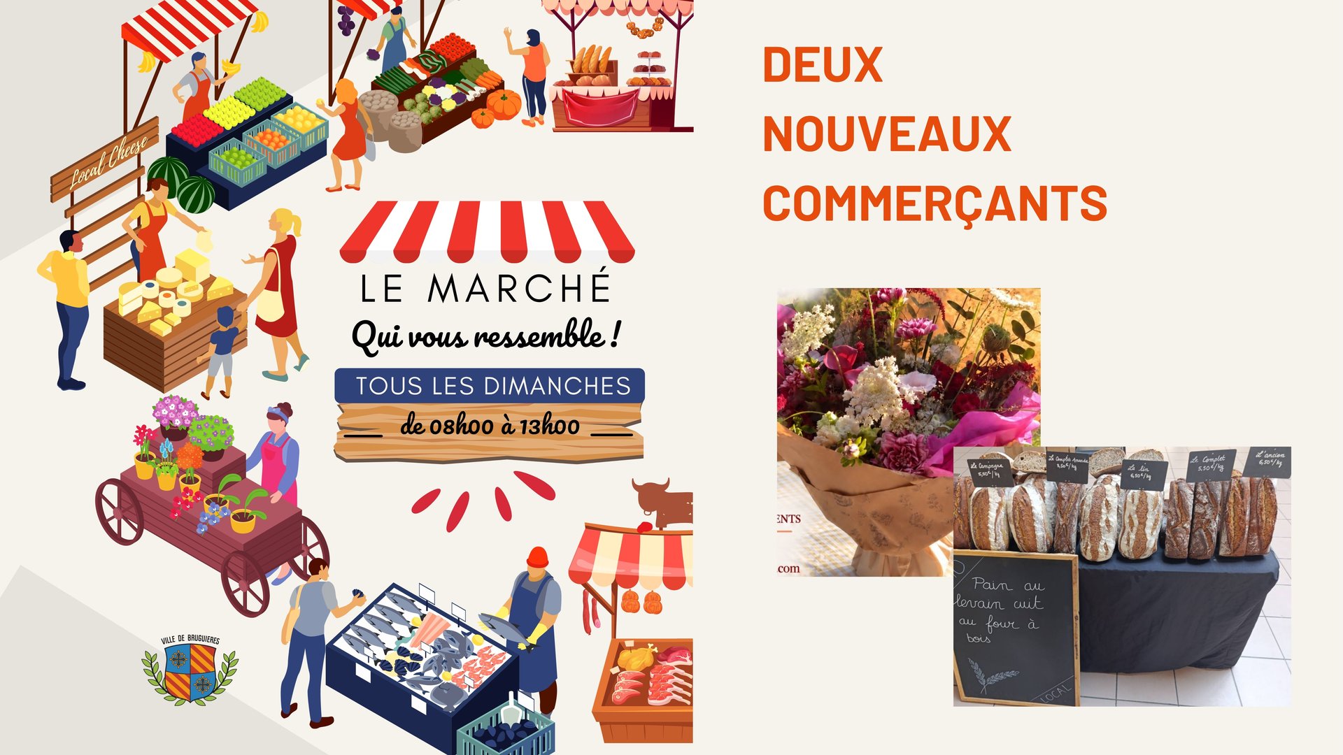 Bouquets de fleurs et pains au levain sur le marché de plein vent