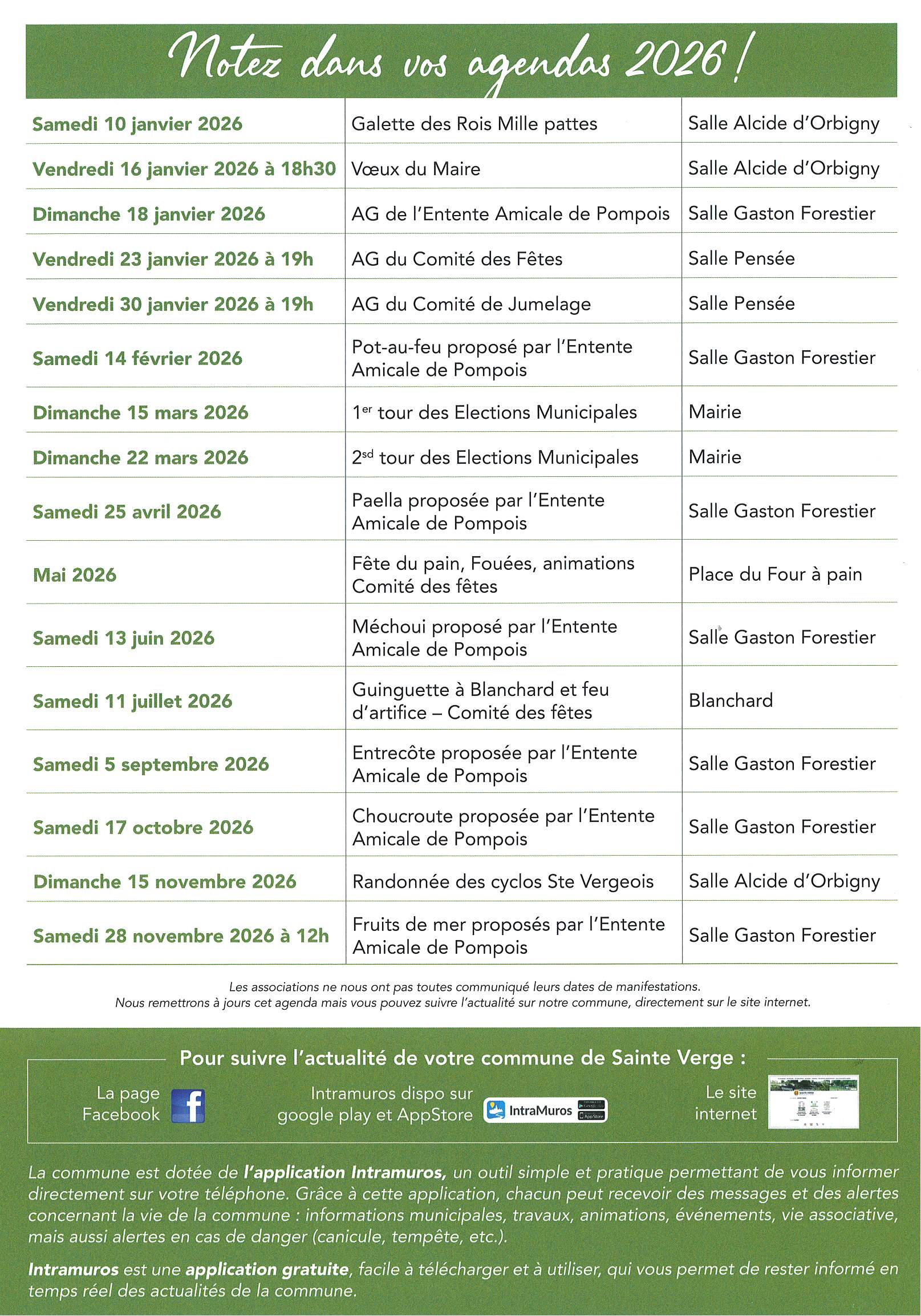 calendrier des manifestations 2026
