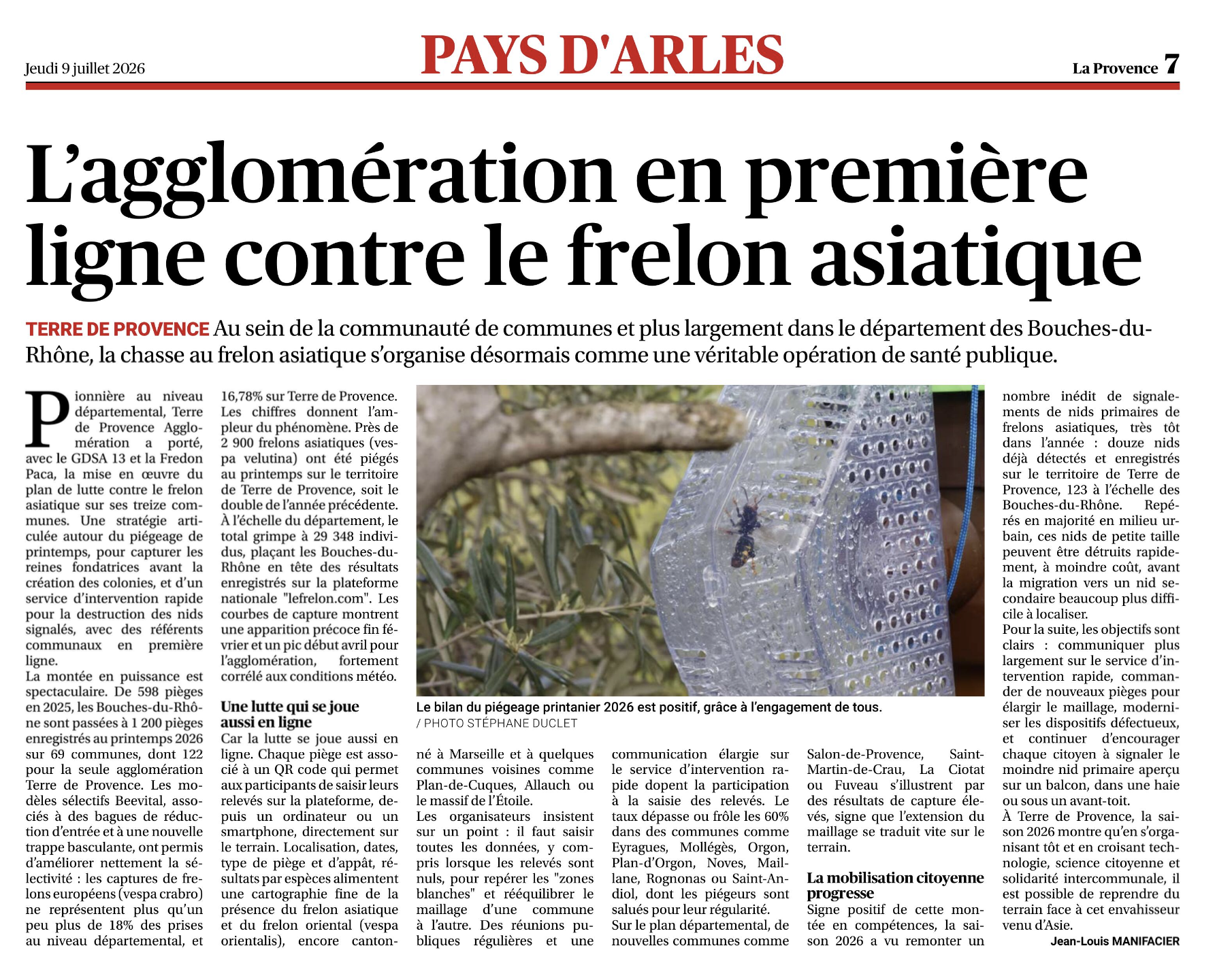 article la provence sur le piégeage des frelon de juillet 2026
