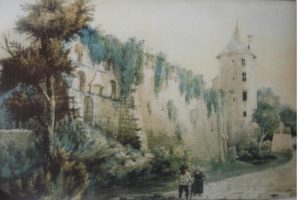 Peinture à l'aquarelle représentant les vestiges de remparts médiévaux envahis par la végétation, flanqués d'une tour en pierre à droite, avec deux personnages en habit d'époque marchant au premier plan.