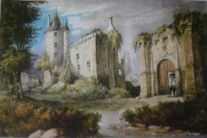 Peinture représentant un château avec une tour ronde et des ruines sur la gauche, et un grand portail d'entrée gothique avec un personnage en tricorne sur la droite.